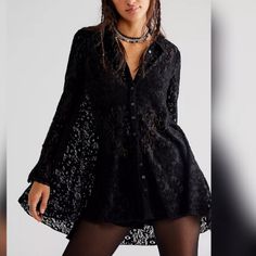 Brand New New Without Tags No Care Label No Flaws Soft Meterial Good Quality Black Lace Blouse, Lace Tunic, Boho Lace, Floral Tunic, Free People Black, Black Laces, Lower Back, Lace Tops, Sheer Lace