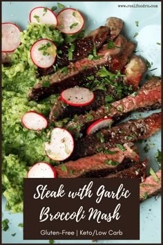 steak with garlic broccoli mash on a plate