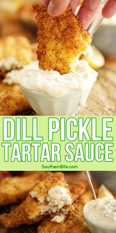 a person dipping something into a small bowl with sauce on it and the words, dill pickle tartar sauce