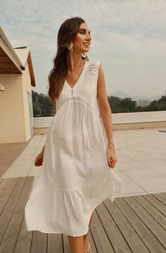 Gaby Hemp Linen Midi Dress Classic Summer Dress, Classic Summer Dresses, Linen Midi Dress, White Dresses, How To Do Yoga, Cotton Weaving, Industrial Style, Midi Length, Summer Dress