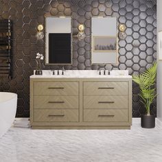 a bathroom vanity with two sinks and mirrors on the wall next to a bathtub