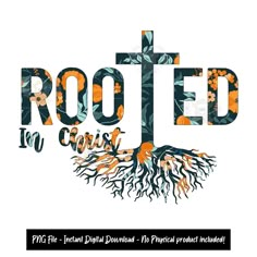 the rooted logo is shown with an orange flower and cross on it's side