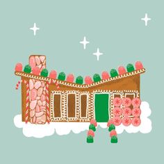 an illustration of a house made out of gingerbreads and pink flowers on a green background