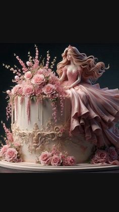 there is a cake decorated with pink flowers on the top and sides, as well as a woman's dress