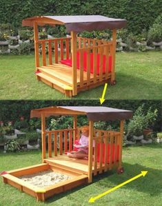 two pictures of a child's wooden play structure with steps and sandpit in the middle