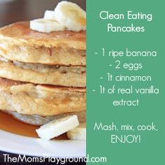 a stack of pancakes with banana slices on top and the words clean eating pancakes below