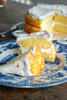 a piece of cake sitting on top of a blue and white plate