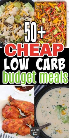 the cover of 50 cheap low carb budget meals, including broccoli and chicken