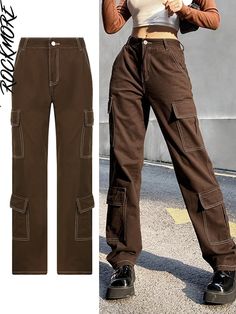 Rockmore Brown Vintage Baggy Jeans Women 90s Streetwear Pockets Wide Leg Cargo Pants Low Waist Straight Denim Trousers Pants Low Waist, Baggy Jeans Women, Vintage Baggy Jeans, Jeans Korean, Women 90s, Wide Leg Cargo Pants, Brown Denim, White Boho Dress, Jeans Cargo