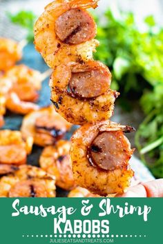 sausage and shrimp kabobs with text overlay