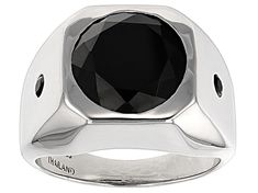 8.00ct 12mm and .11ctw 2.5mm round black spinel rhodium over sterling silver men's ring. Measures approximately 9/16"L x 1/8"W. Finished under gallery. Not sizeable. Formal Signet Ring With Polished Round Stone, Formal Signet Ring With Polished Finish, Modern Round Sapphire Ring For Formal Occasions, Modern Sapphire Ring For Formal Occasions, Modern Formal Signet Ring With Center Stone, Modern Silver Sapphire Ring For Formal Occasions, Modern Jewelry With Round Black Diamonds, Modern Round Signet Ring With Vvs Clarity, Formal Black Sapphire Ring With Polished Finish