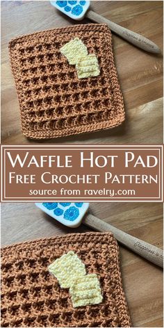 two crocheted squares with the words waffle hot pad on them and an image of