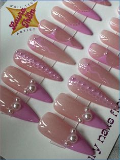 This listing is for a full set of hand painted coquette inspired press on nails, lavender french tips with pearls. These are reusable gel nails shown in a long stiletto shape. Any length and shape can be made to order at no additional cost, simply choose your length and shape in the drop down menu.  *Please note that due to the nature of re-creating designs made-to-order in the shape and sizing requested at the time of order, designs made differ slightly based on the shape and length chosen. These are custom designed works of art and any variations in the design shown in the listing are part of the unique appeal of hand-painted designs. Colors may look different in person and depend on the screen resolution as well. All listing photos have been taken in natural lighting and are unaltered. Acrylic Nails Coquette, Nails Lavender, Nails Coquette, French Press On Nails, Bow Nail Designs, Hand Painted Nails, Purple French, Nails Hand Painted, Bow Nail