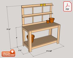 a wooden bench with potted plants on it and the measurements for each shelf below