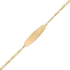 Delight your favorite little loved one with this precious identification bracelet. Crafted in 14K gold, this charming design features an oval-shaped plaque centered on a gleaming figaro chain. Polished to a bright shine, this 6.0-inch bracelet secures with a spring-ring clasp. Zales Zales, Figaro Chains, Figaro Chain, Id Bracelets, Christmas Sale, Bracelet Designs, Spring Rings, Fashion Bracelets, Types Of Metal