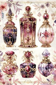 an illustration of some fancy vases with flowers around them on a white background, including pink and purple colors