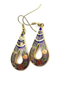 Gorgeous collectible purple with flower cloisonne, cloisonné hoop earrings Meenakari Earrings For Gift, Meenakari Earrings As Gift, Vintage Purple Teardrop Earrings, Teardrop Enamel Earrings For Gifts, Enamel Teardrop Jewelry With Matching Earrings, Vintage Hand Painted Drop Earrings, Vintage Multicolor Hoop Earrings, Hand Painted Vintage Drop Earrings, Vintage Multicolor Hoop Earrings As Gift