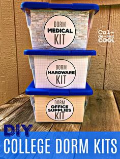 diy college dorm kit with the words dorm medical kits in blue and white on it