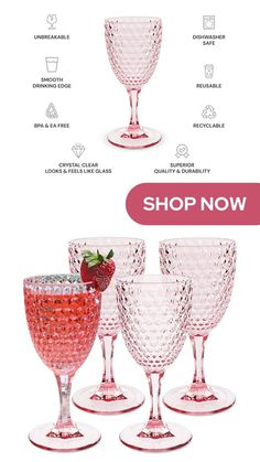 four glasses with strawberries on them and the words shop now written in white letters