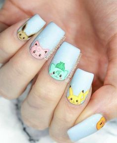 Miku Nail Art, Disney Nails Characters, Simple Nail Art Tutorial, Pikachu Nail Art, Anime Nails Acrylic