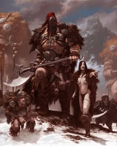 a group of people standing next to each other in front of a giant man with two swords