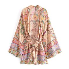 Product Details: Beautiful floral and moon print Open front Long kimono sleeves Matching sash tie at waist Loose fit Soft, lightweight fabric Material: Cotton, Rayon Bohemian Shorts, Pink Botanical, Kimono Women, Vintage Peacock, Bohemian Kimono, Boho Festival Fashion, Kimono Vintage, Home Beach, Cotton Kimono