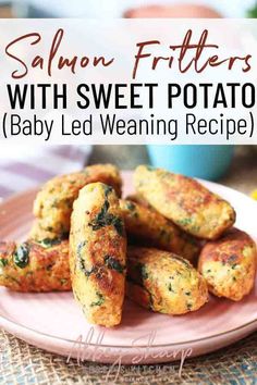 salmon fritters with sweet potato baby led weaning recipe on a pink plate