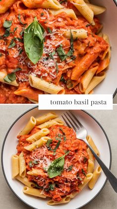 two plates of pasta with tomato sauce and parmesan cheese on top, one has spinach