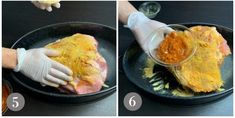 two pictures showing how to cook a piece of meat in a skillet