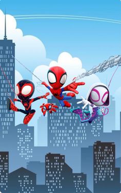 spider - man into the spider - verse is flying through the air in front of city buildings