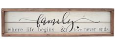 a wooden sign that says happily where life begins and love never ends