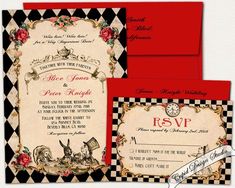 an image of wedding card with alice and wonderland theme