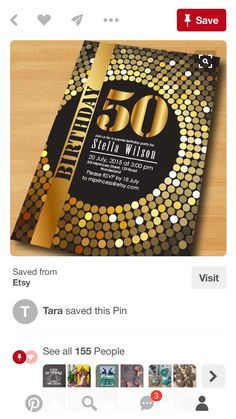 a black and gold 50th birthday party card with confetti circles on it,