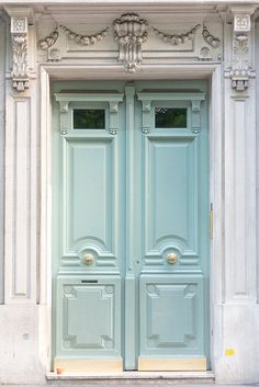 a cat sitting on the ground in front of a blue door with ornate carvings around it