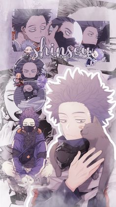 an anime character with purple hair is surrounded by other characters and the words shinseu