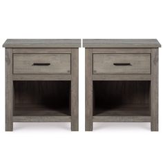 two wooden nightstands side by side with one drawer open