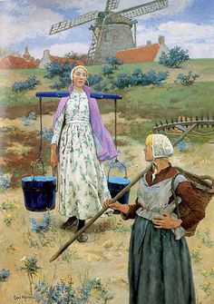 a painting of two women in front of a windmill with buckets on the ground