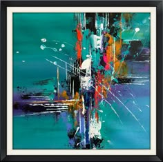 an abstract painting with blue and green colors