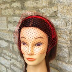 Red fascinator birdcage veil on narrow red satin covered headband. Soft net veil is approximately 8 inches in depth and finishes just below nose. This is a delicate face veil, ideal for weddings or parties; vintage styled outfits or themed events FREE WORLDWIDE SHIPPING Wedding Hair Updo Side, Simple Vintage Wedding, Vintage Wedding Veil, Wedding Guest Fascinators, Wedding Veil Blusher, Veil Blusher, Bachelorette Veil, Veil Headband, Red Veil