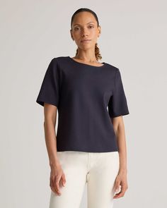 Ultra-Stretch Ponte Short Sleeve Top Modern Stretch Tops, Modern Stretch Tops For Business Casual, Versatile Stretch Tops For Business Casual, Stretch Elastane Tops For Workwear, Soft Stretch Tops For Workwear, Modern Stretch Top, Ponte Pant, Ponte Fabric, Ponte Pants