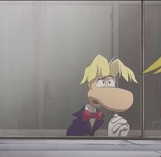 two cartoon characters standing next to each other in front of a window with one looking at another