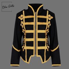 Royal New Men's Military Drummer Marching Band MCR Parade Jacket -  Napoleonic Hussar Jacket British Miltary Parade Style Cosplay Drummer Jacket Colors Available: Black, Blue Characteristics: French Napoleonic Uniform Black wool coat - Hussar jacket Heavy Gold Braided Jacket Professionally stitched for durability Ideal for Wedding, Halloween, Christmas, Festivals, and more Also available for School Performances, Masquerades, and Parties Professionally stitched Comfortable to wear, Easy to carry Military Style Winter Outerwear For Cosplay, Military Style Outerwear For Winter Cosplay, Military Outerwear With Epaulettes For Costume, Costume Outerwear With Epaulettes And Long Sleeves, Hussar Jacket, Wedding Halloween, Black Wool Coat, Eve Outfit, Marching Band