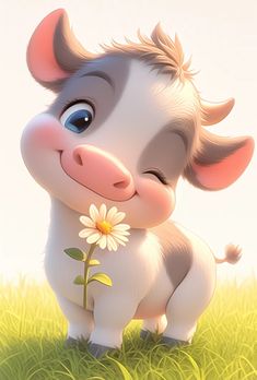 a cartoon cow standing in the grass with a flower in its mouth and looking at the camera