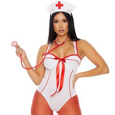 a woman dressed in a nurse costume holding a stethoscope