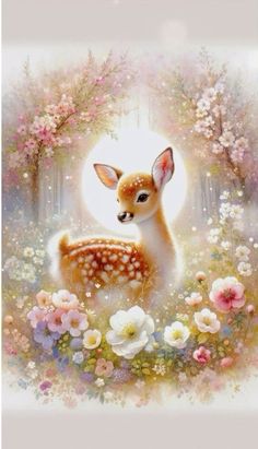 a painting of a deer surrounded by flowers