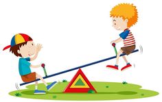 two children playing on seesaw in the park with one boy trying to balance it