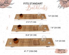 three wooden trays with drinks on them and the measurements for each one in front