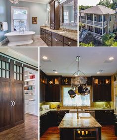 four different pictures show the inside of a house and kitchen, including an open floor plan