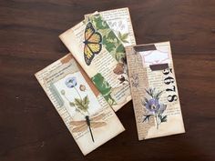 three pieces of paper with flowers and butterflies on them