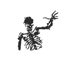 a black and white drawing of a skeleton holding a tennis racket in the air